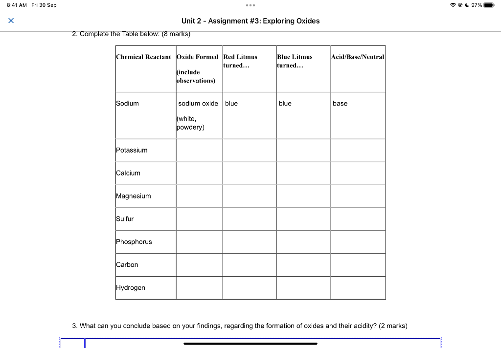 Solved Unit 2 - Assignment #3: Exploring Oxides 2. Complete | Chegg.com