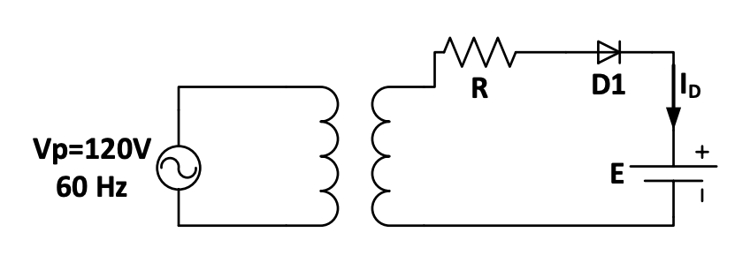 Solved For a battery charger circuit shown below E=12 V. The | Chegg.com