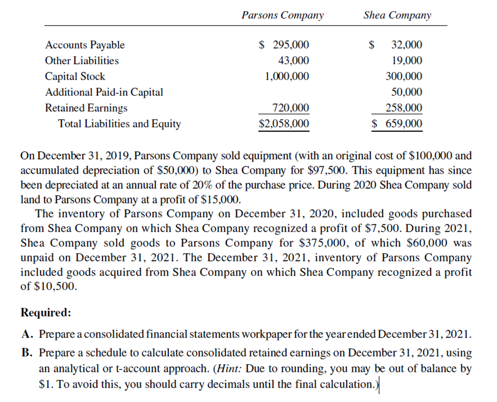 Solved Parsons Company acquired 90 of the outstanding