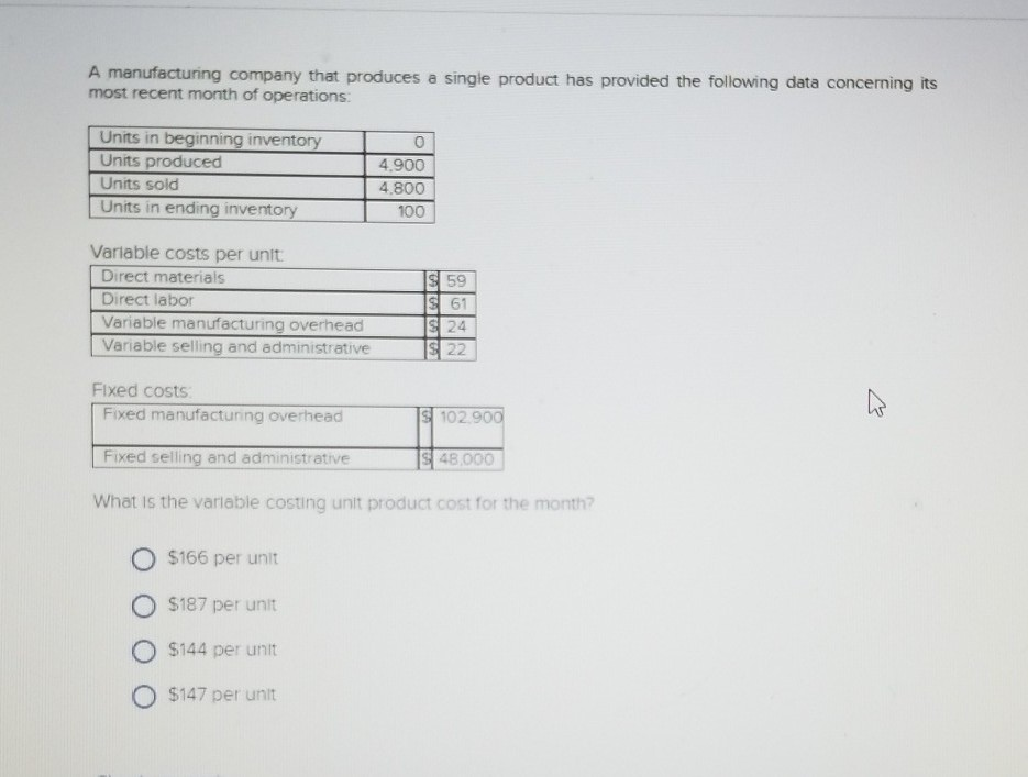 Solved A Manufacturing Company That Produces A Single | Chegg.com