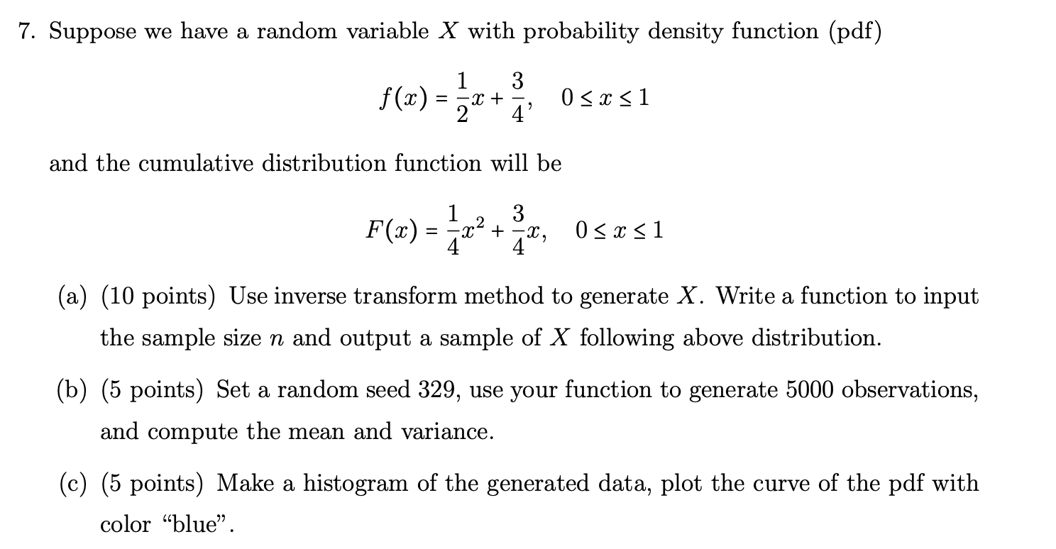 Solved 7. Suppose we have a random variable X with | Chegg.com