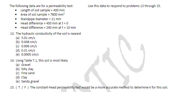 Solved The following data are for a permeability test: Use | Chegg.com