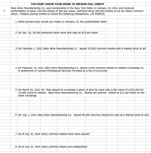 Solved YOU MUST SHOW YOUR WORK TO RECEIVE FULL CREDIT Sikle | Chegg.com