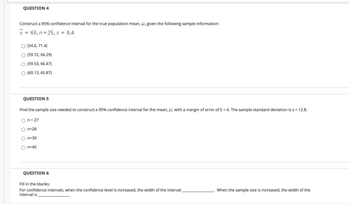 Solved QUESTION 4 Construct a 95% confidence interval for | Chegg.com