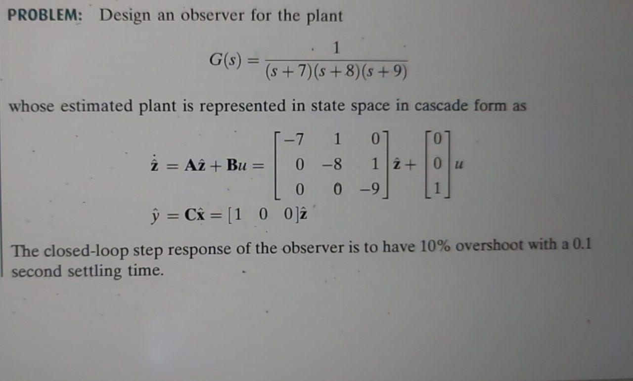 Solved PROBLEM: Design an observer for the plant 1 G(s) = (s | Chegg.com