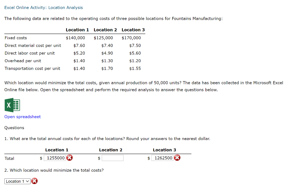 Excel Online Activity: Location Analysis
The following data are related to the operating costs of three possible locations fo