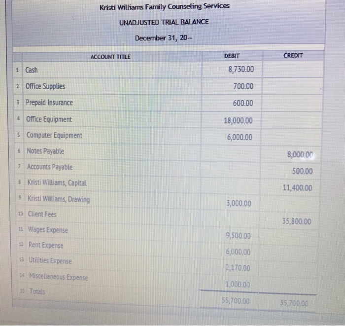 Solved Kristi Williams Family Counseling Services UNADJUSTED