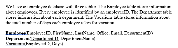 Solved We have an employee database with three tables. The | Chegg.com