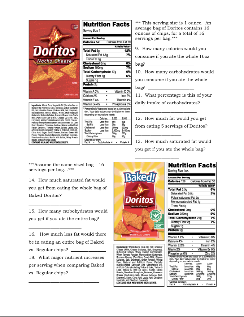 food label math worksheet answers