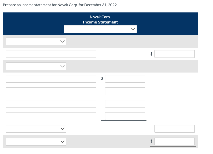 Prenare an income statement for Novak Corn. for December 31. 2022.