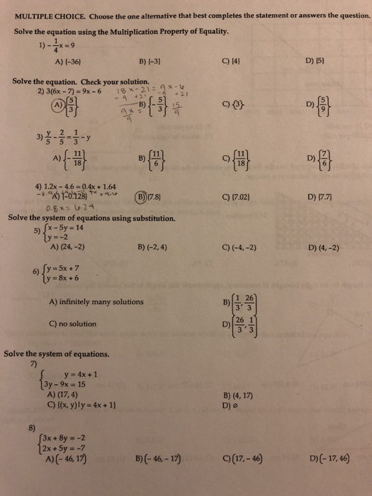 Solved MULTIPLE CHOICE. Choose the one alternative that best | Chegg.com