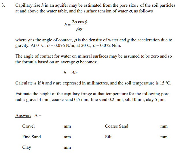 Solved 3. Capillary rise h in an aquifer may be estimated | Chegg.com