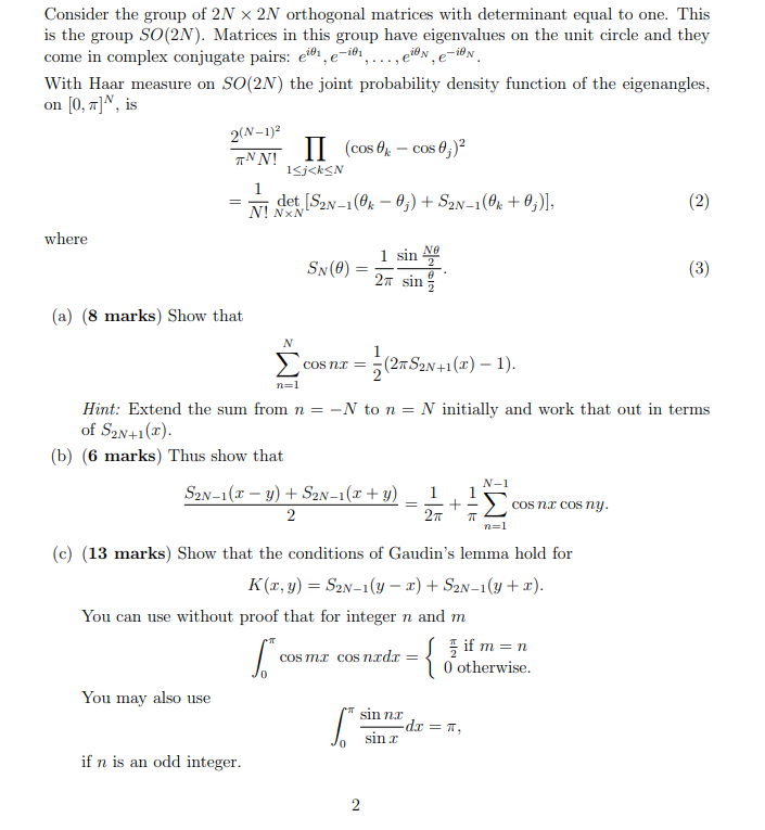 2(N-1) Consider the group of 2N 2N orthogonal | Chegg.com