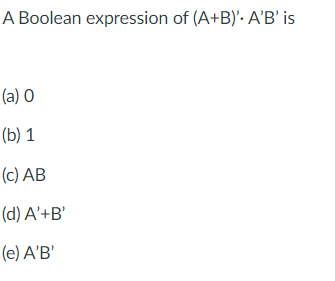 Solved A Boolean expression of (A+B)'. A'B' is (a) (b) 1 (c) | Chegg.com