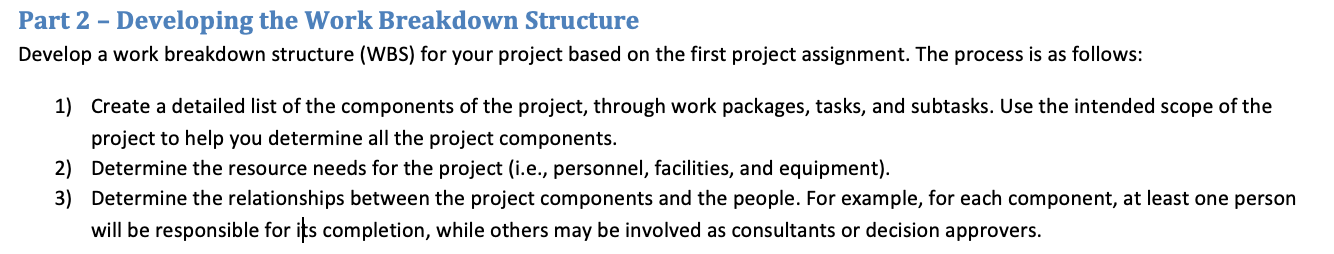 Solved Part 2 - Developing the Work Breakdown Structure | Chegg.com