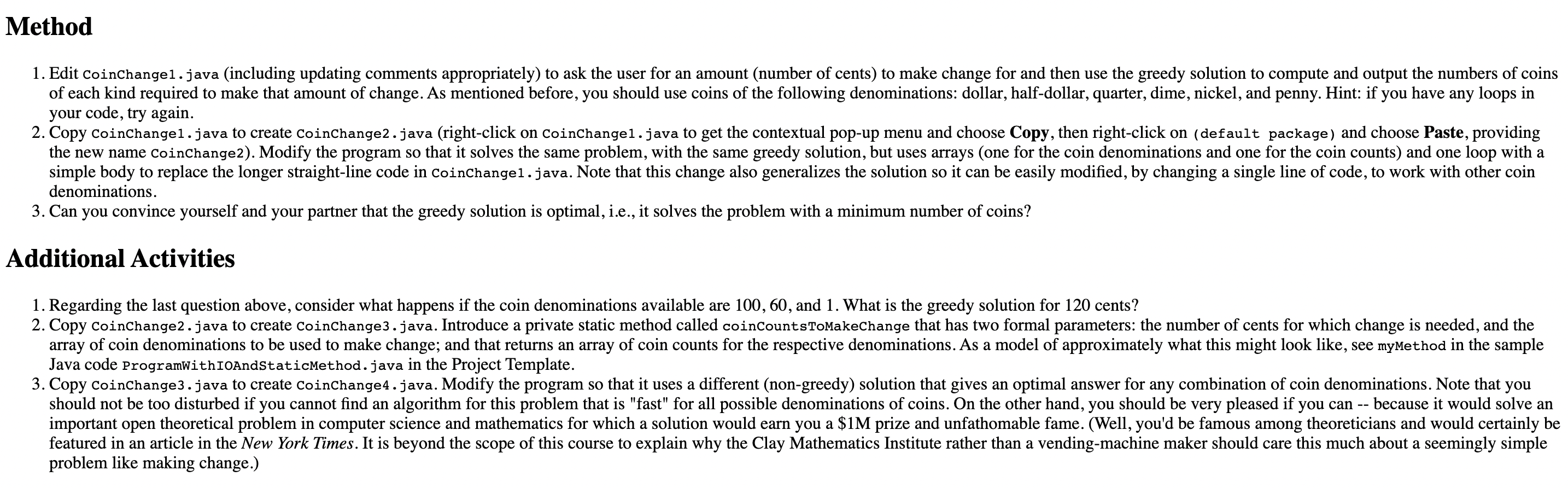 Lab Coin Change The Problem Calculating change is