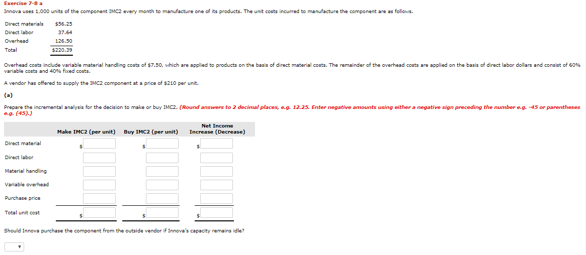 Solved Exercise 7-8 a Innova uses 1,000 units of the | Chegg.com