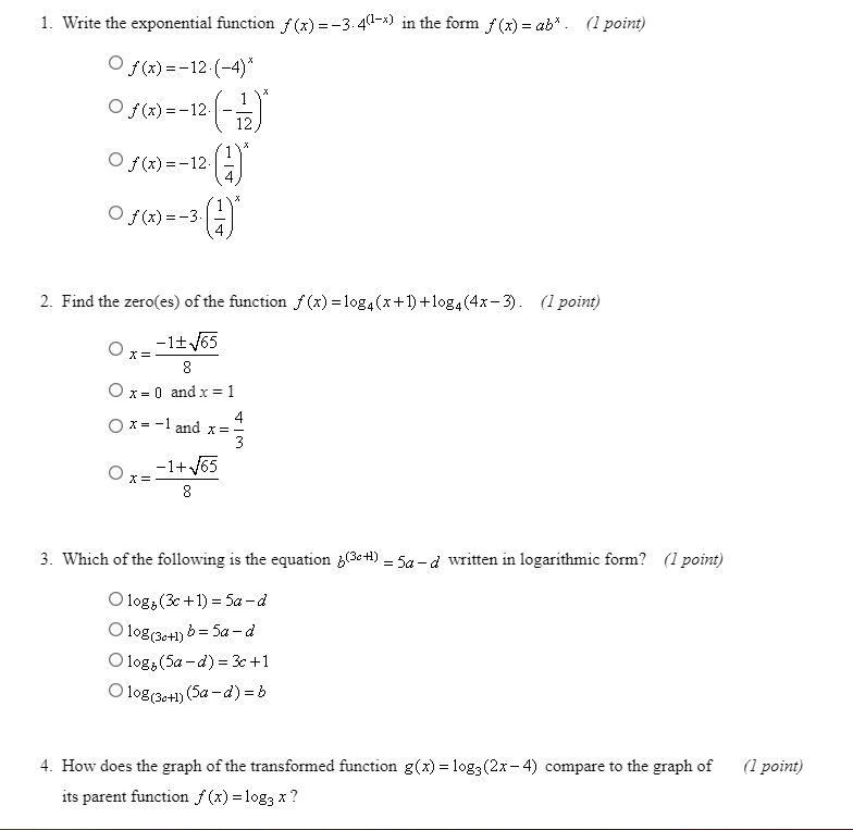 Solved 1. Write the exponential function f (x)=-3.4(1-x) in | Chegg.com