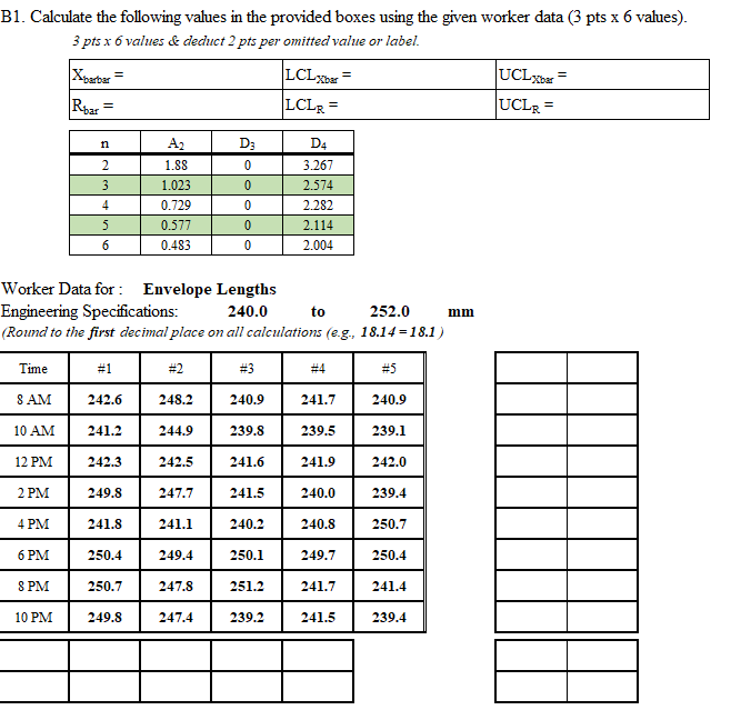 Solved B1. Calculate The Following Values In The Provided | Chegg.com