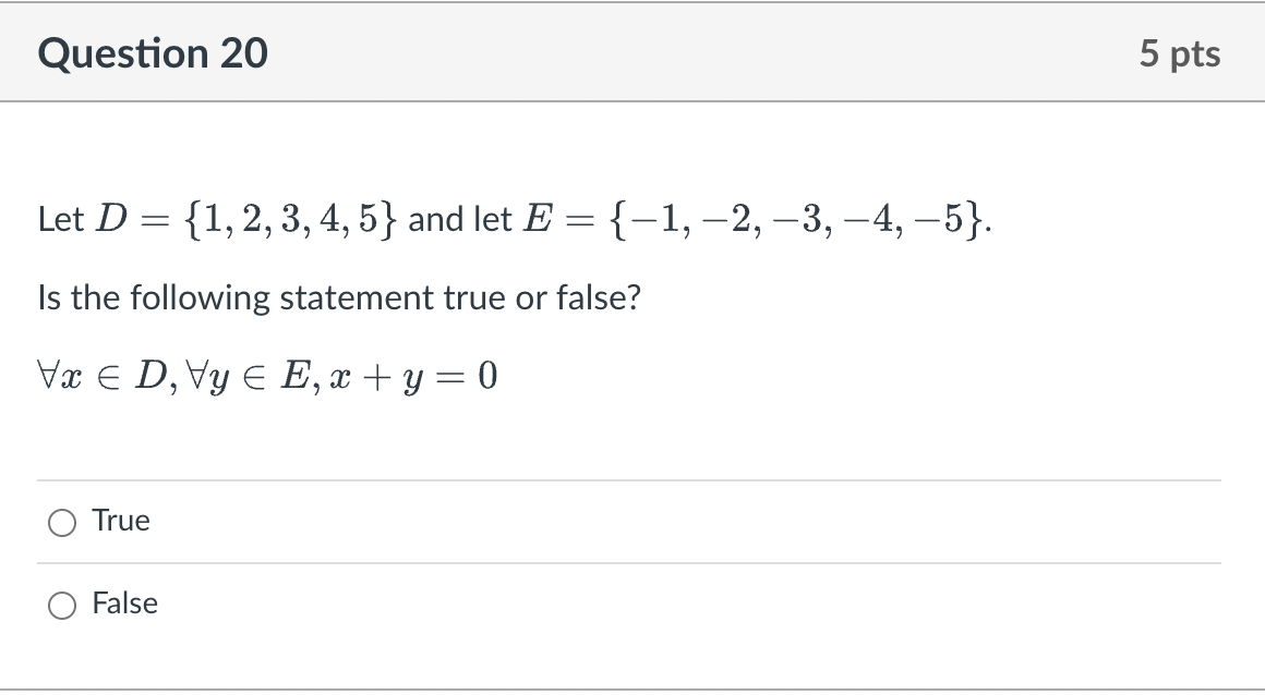 Solved Let D={1,2,3,4,5} and let E={−1,−2,−3,−4,−5}. Is the | Chegg.com