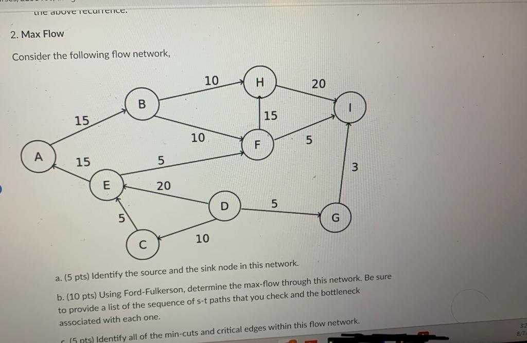 Solved 2. Max Flow Consider the following flow network, a. ( | Chegg.com