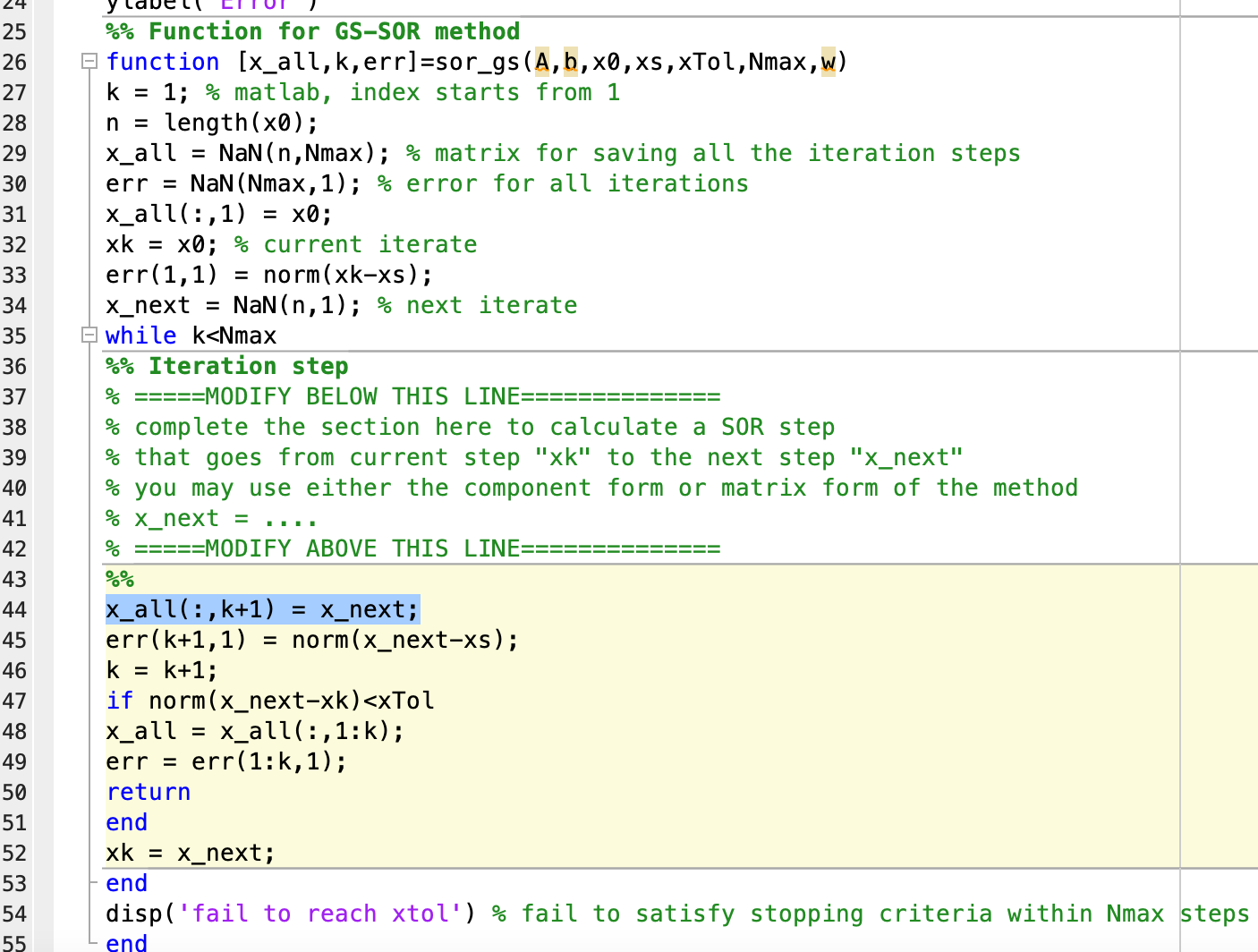 Solved % Function for GS-SOR method function [x_all, k, err] | Chegg.com