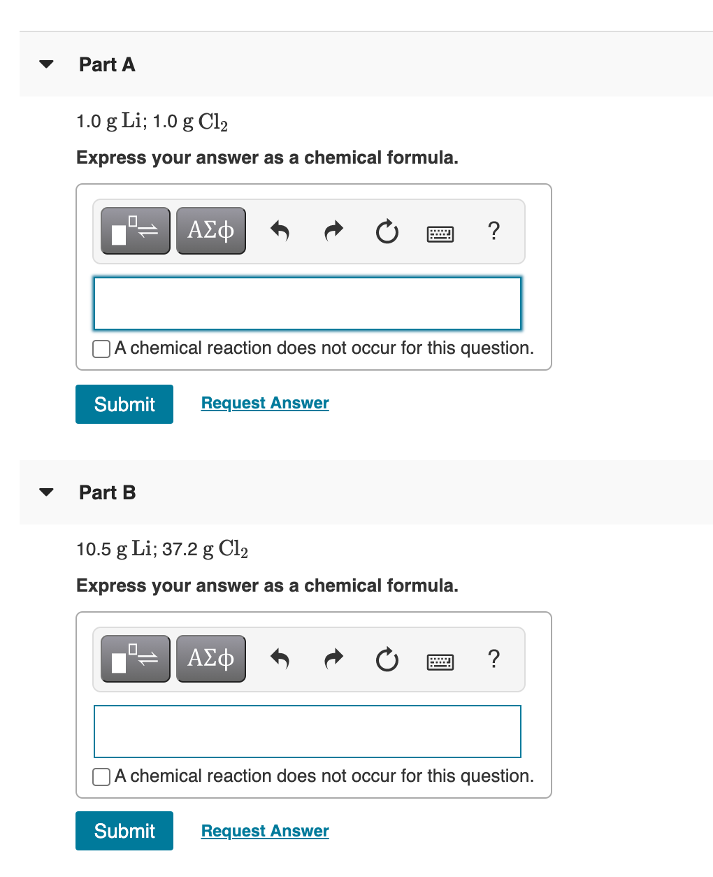 Solved Part A 1.0 g Li; 1.0 g Cl2 Express your answer as a | Chegg.com