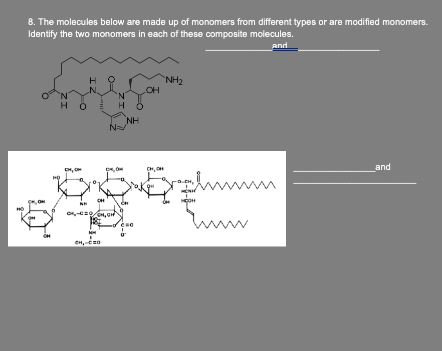 8. The molecules below are made up of monomers from different types or are modified monomers. Identify the two monomers in ea