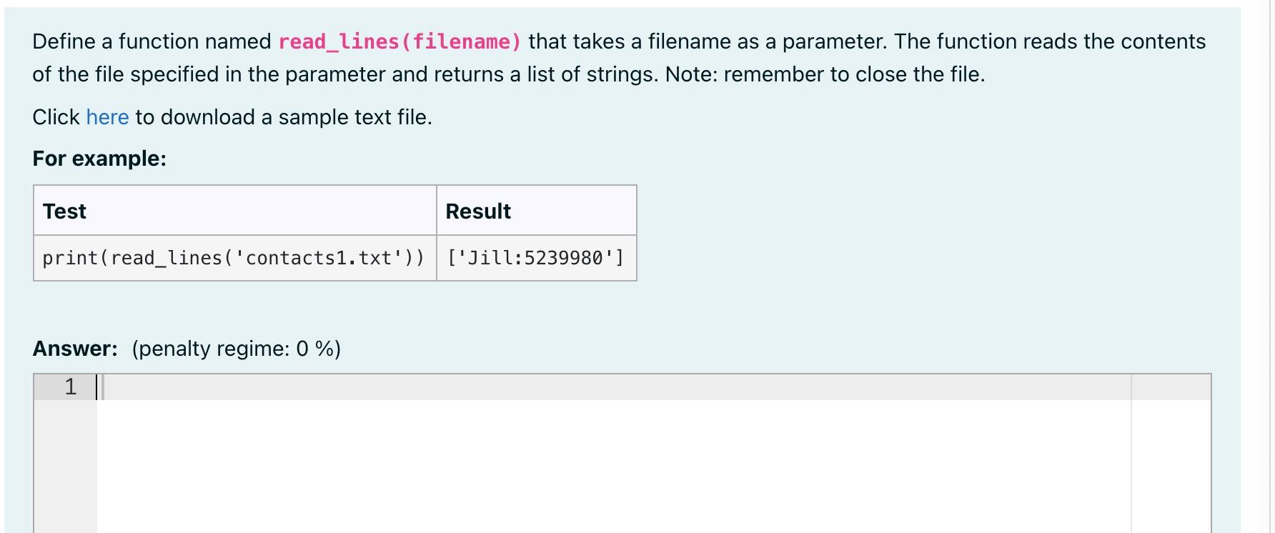 Solved Define a function named read_lines (filename) that | Chegg.com
