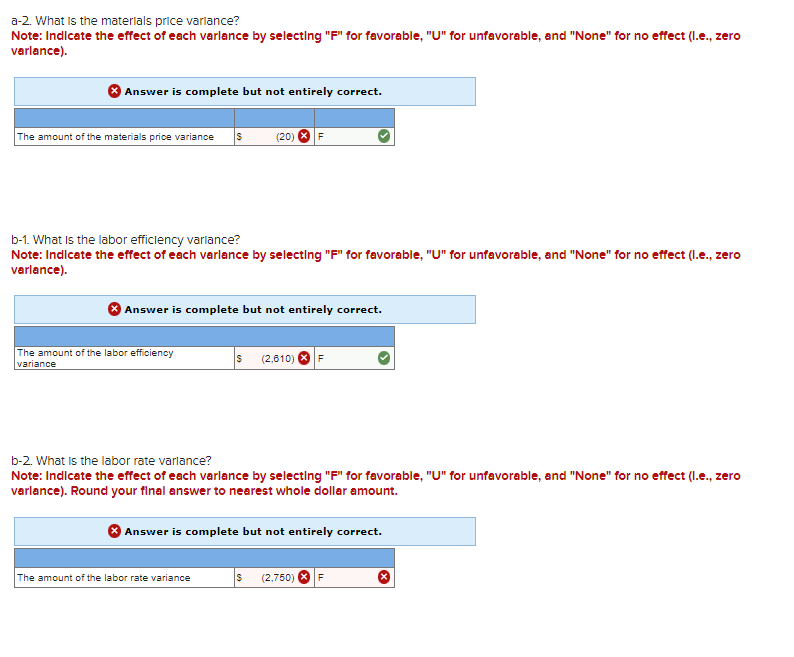 a-2. What is the materials price varlance?
Note: Indlcate the effect of each varlance by selecting F for favorable, U for