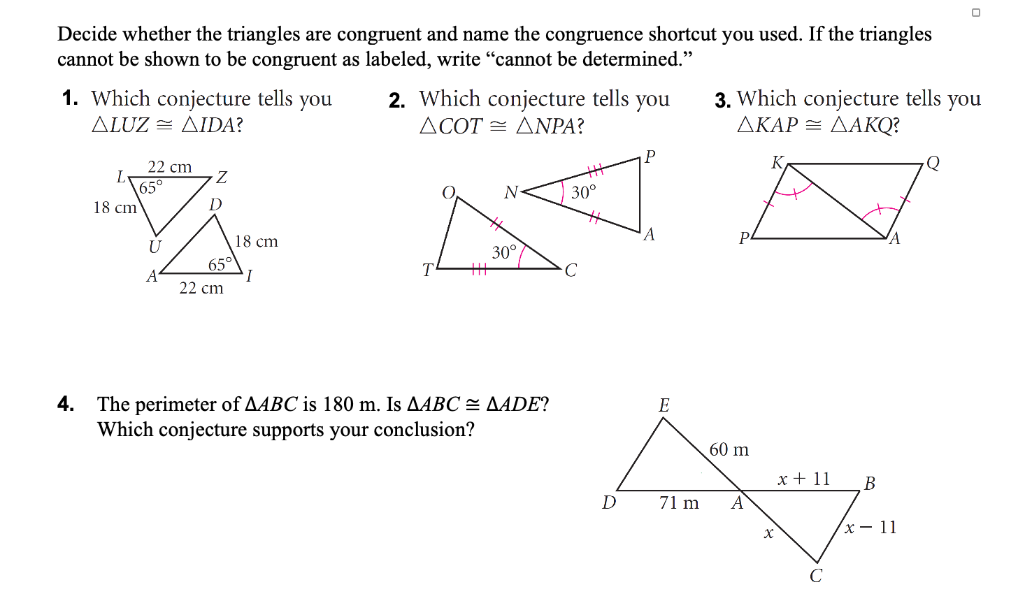 Solved Decide whether the triangles are congruent and name | Chegg.com