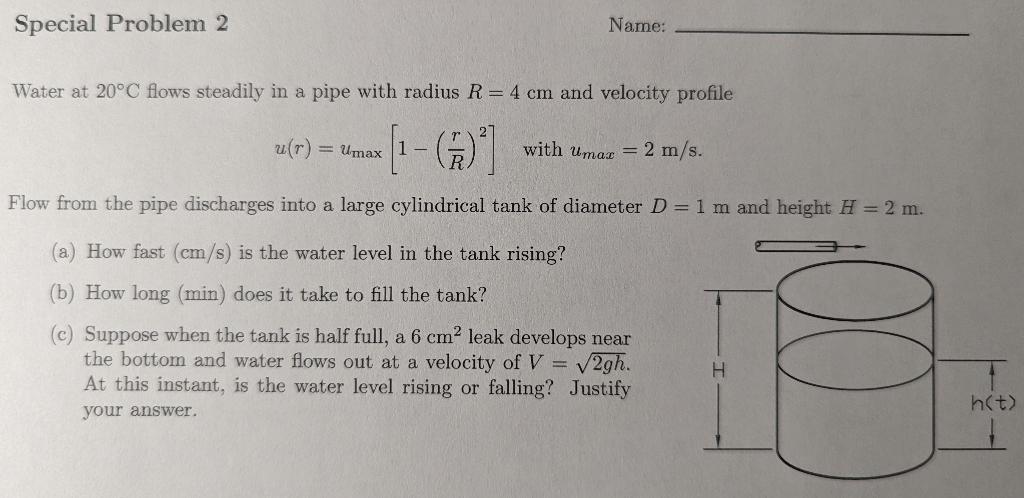 Solved Water at 20∘C flows steadily in a pipe with radius | Chegg.com