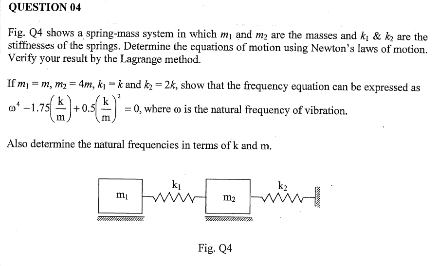 Solved Fig. Q4 shows a spring-mass system in which m1 and m2 | Chegg.com