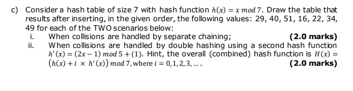 Solved c) Consider a hash table of size 7 with hash function | Chegg.com