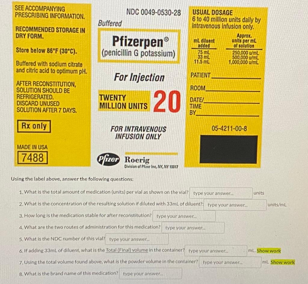 Using the label above, answer the following questions:
1. What is the total amount of medication (units) per vial as shown on