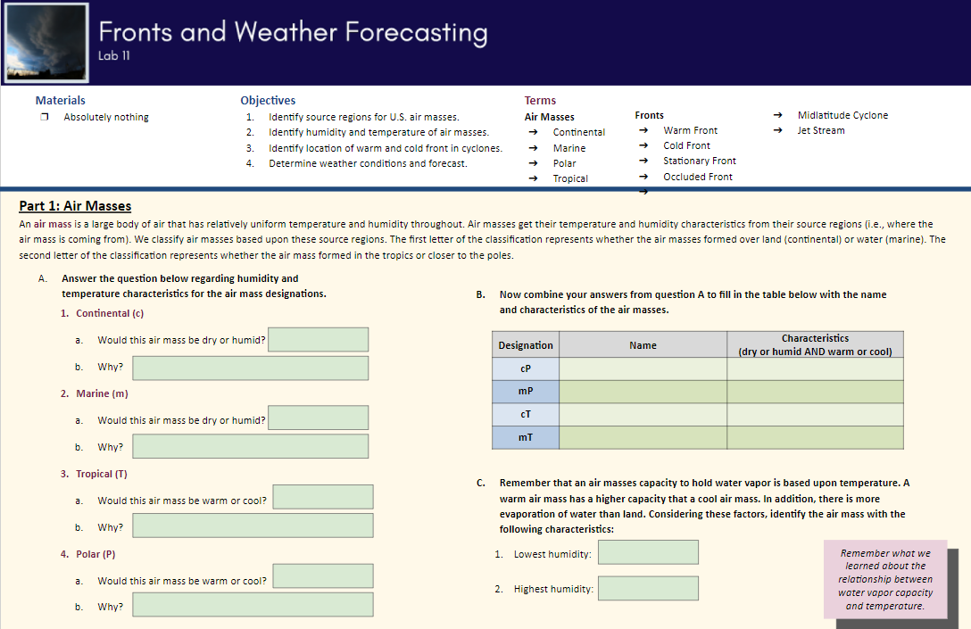 Air Masses And Weather Fronts Snaps Lab Answer Key