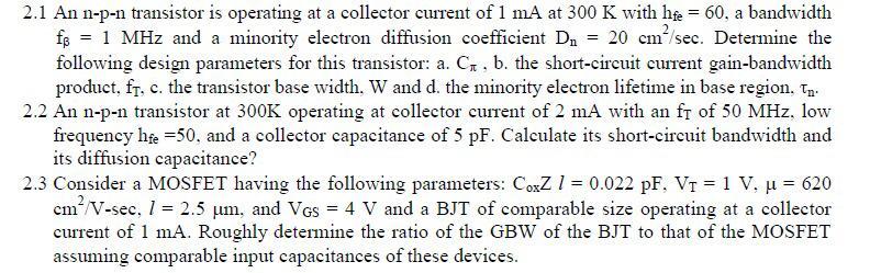 2.1 An n-p-n transistor is operating at a collector | Chegg.com