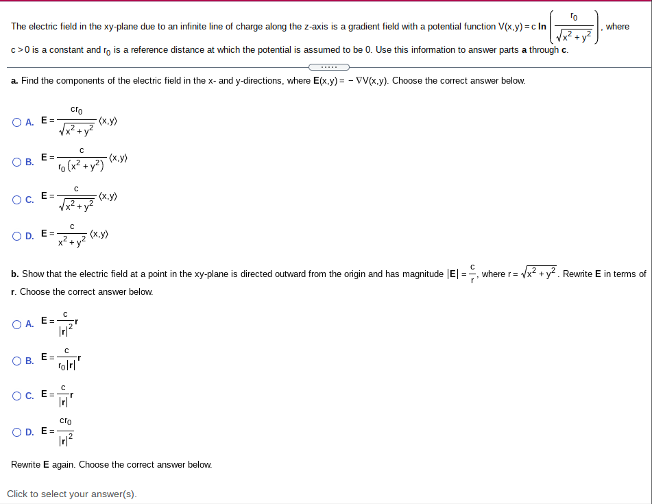 Solved where ro The electric field in the xy-plane due to an | Chegg.com