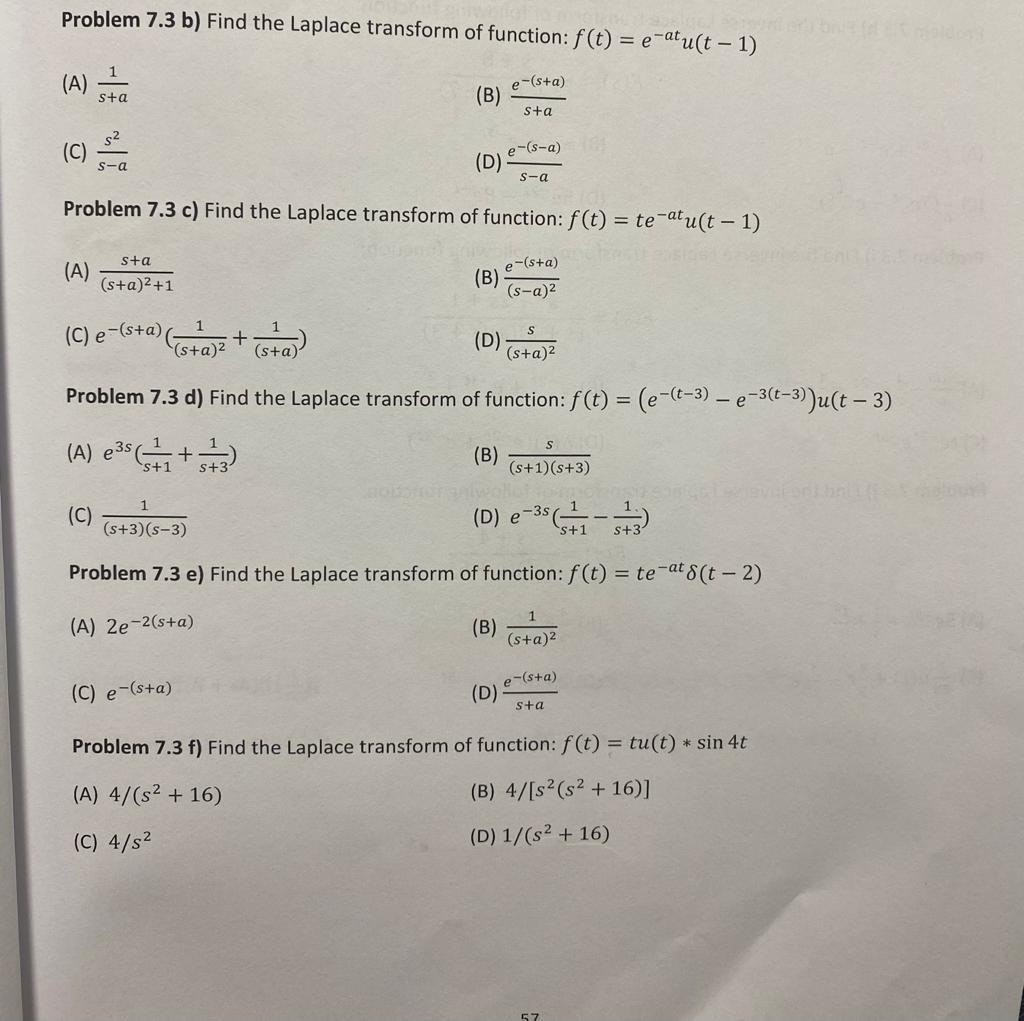 Solved Problem 7.3 B) Find The Laplace Transform Of | Chegg.com