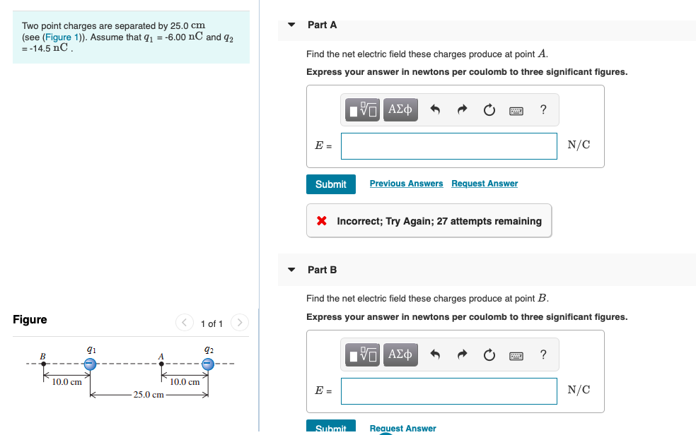 Solved Part A Two point charges are separated by 25.0 cm | Chegg.com