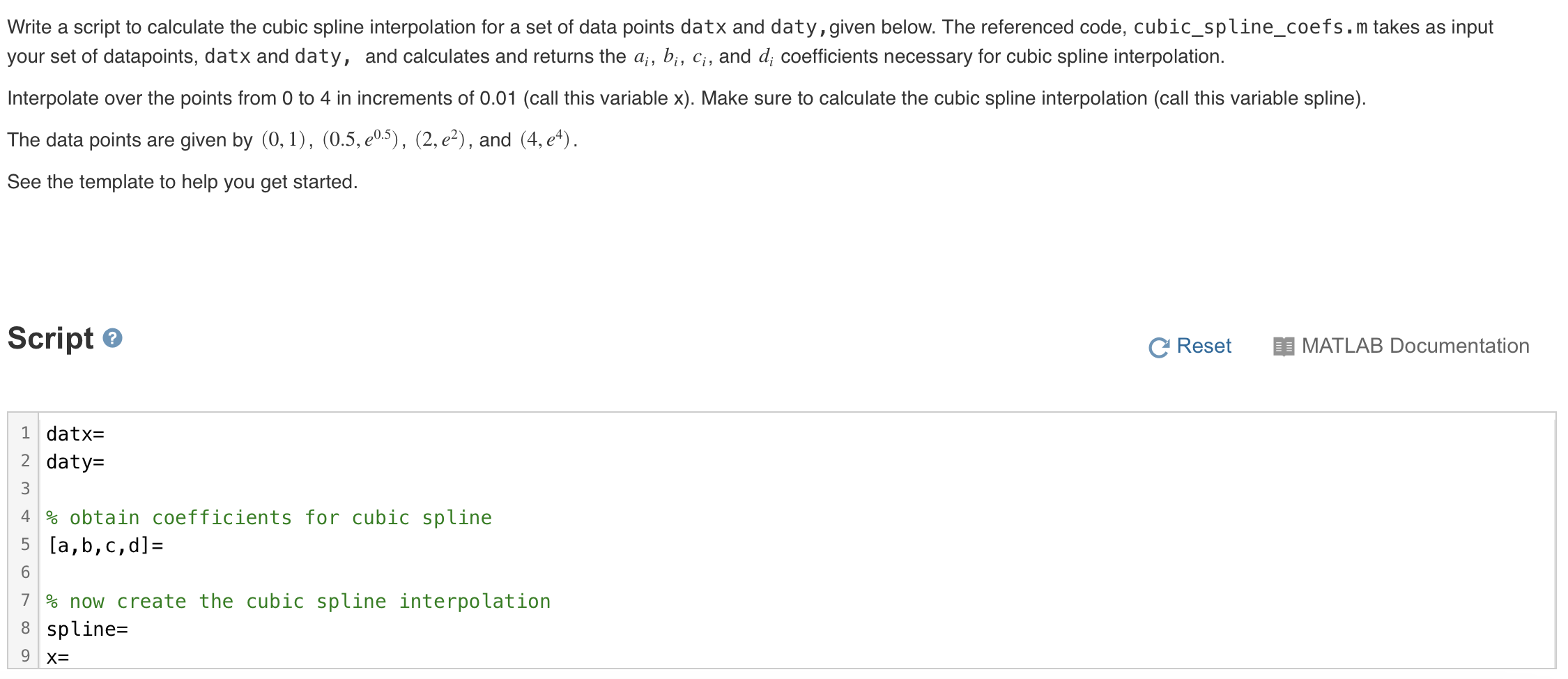 Cubic spline data interpolation - MATLAB spline