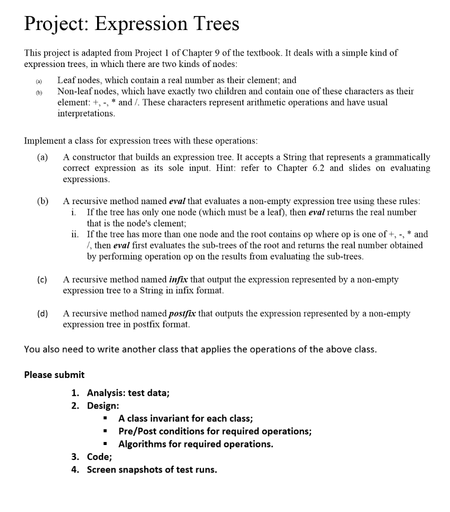 Solved Project: Expression Trees This project is adapted | Chegg.com