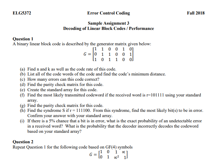 Solved ELG5372 Error Control Coding Fall 2018 Sample | Chegg.com