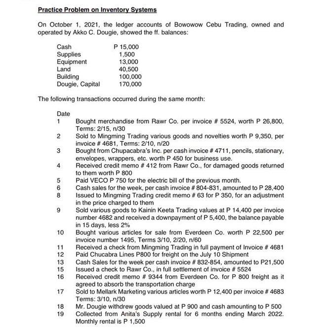 Solved Practice Problem on Inventory Systems On October 1, | Chegg.com