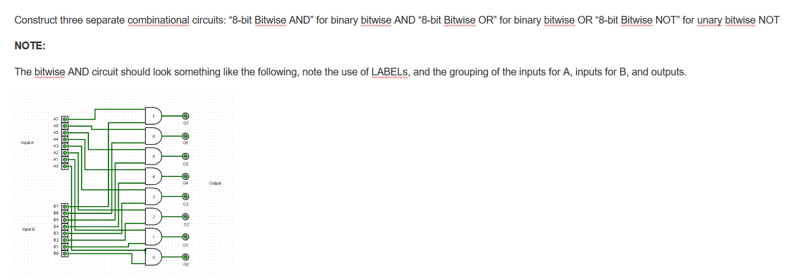 Construct three separate combinational circuits: “8-bit Bitwise AND” for binary bitwise AND “8-bit Bitwise OR” for binary bit