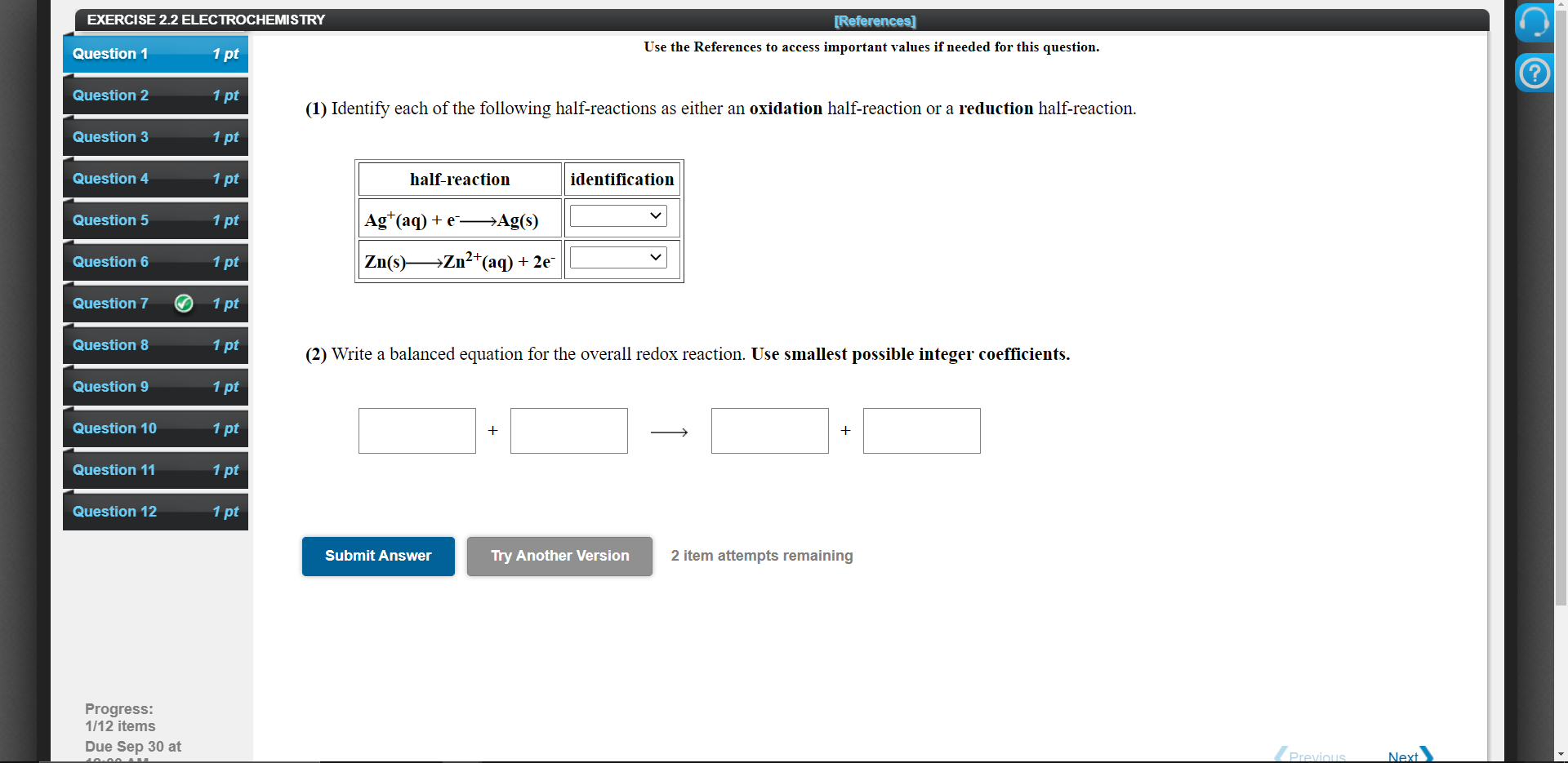 Solved EXERCISE 2.2 ELECTROCHEMISTRY [References] Question 1 | Chegg.com