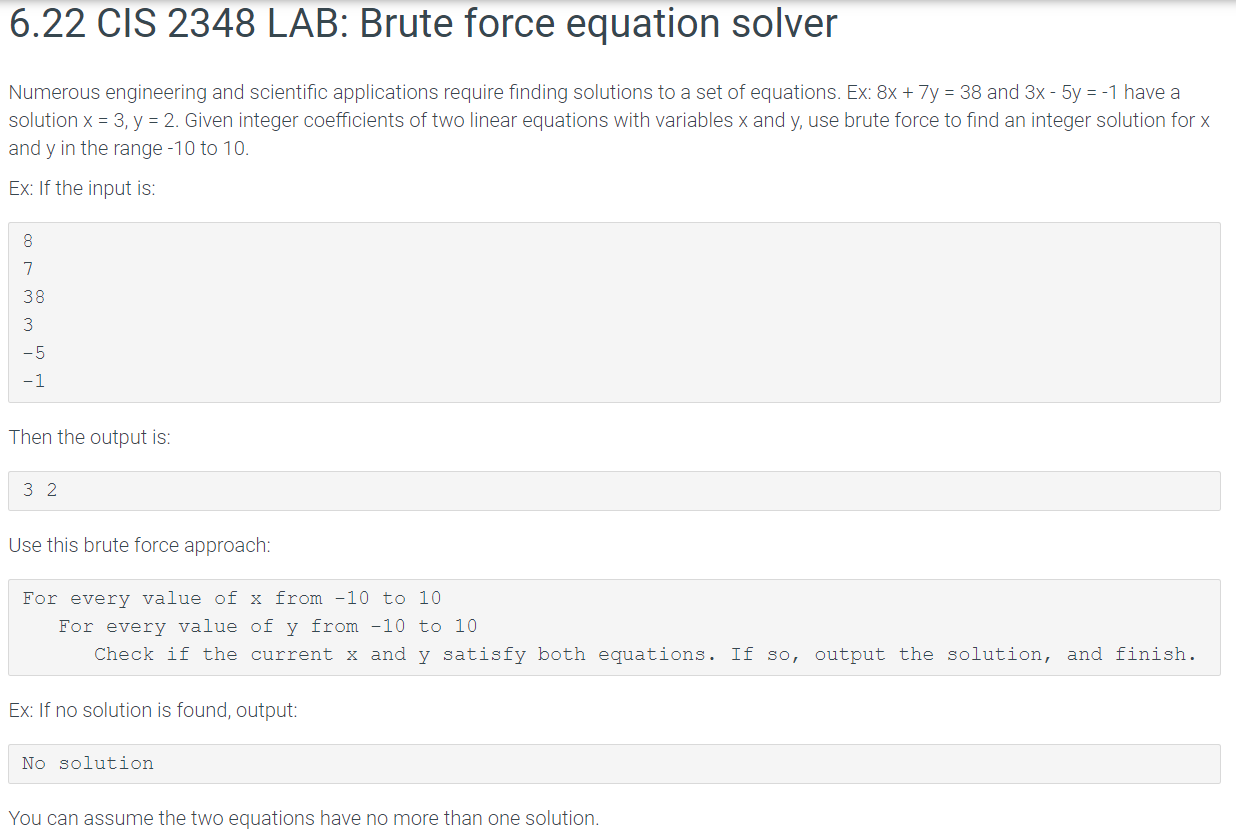 Solved 6.22 CIS 2348 LAB: Brute force equation solver | Chegg.com