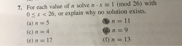Solved 7 For Each Value Of N Solve N X 1 Mod 26 With Chegg Com