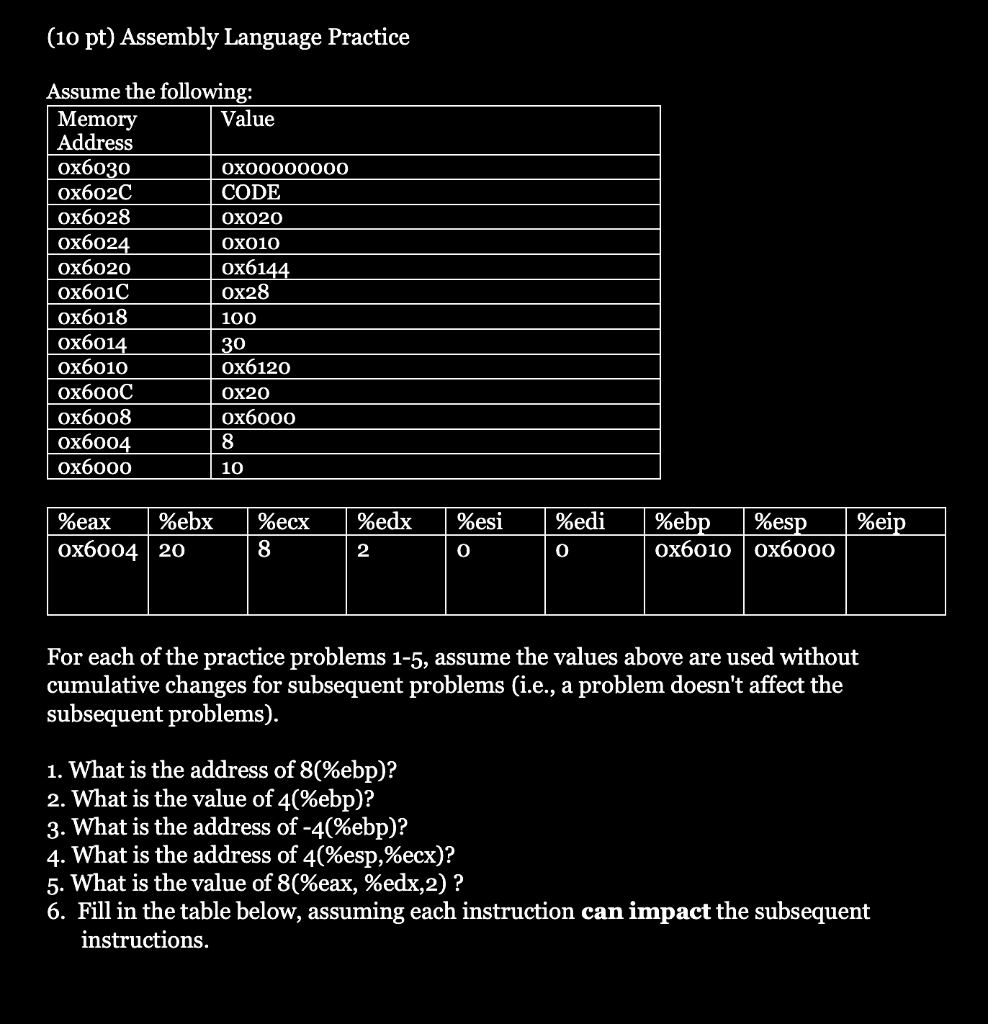 Solved (10 pt) Assembly Language Practice Assume the | Chegg.com