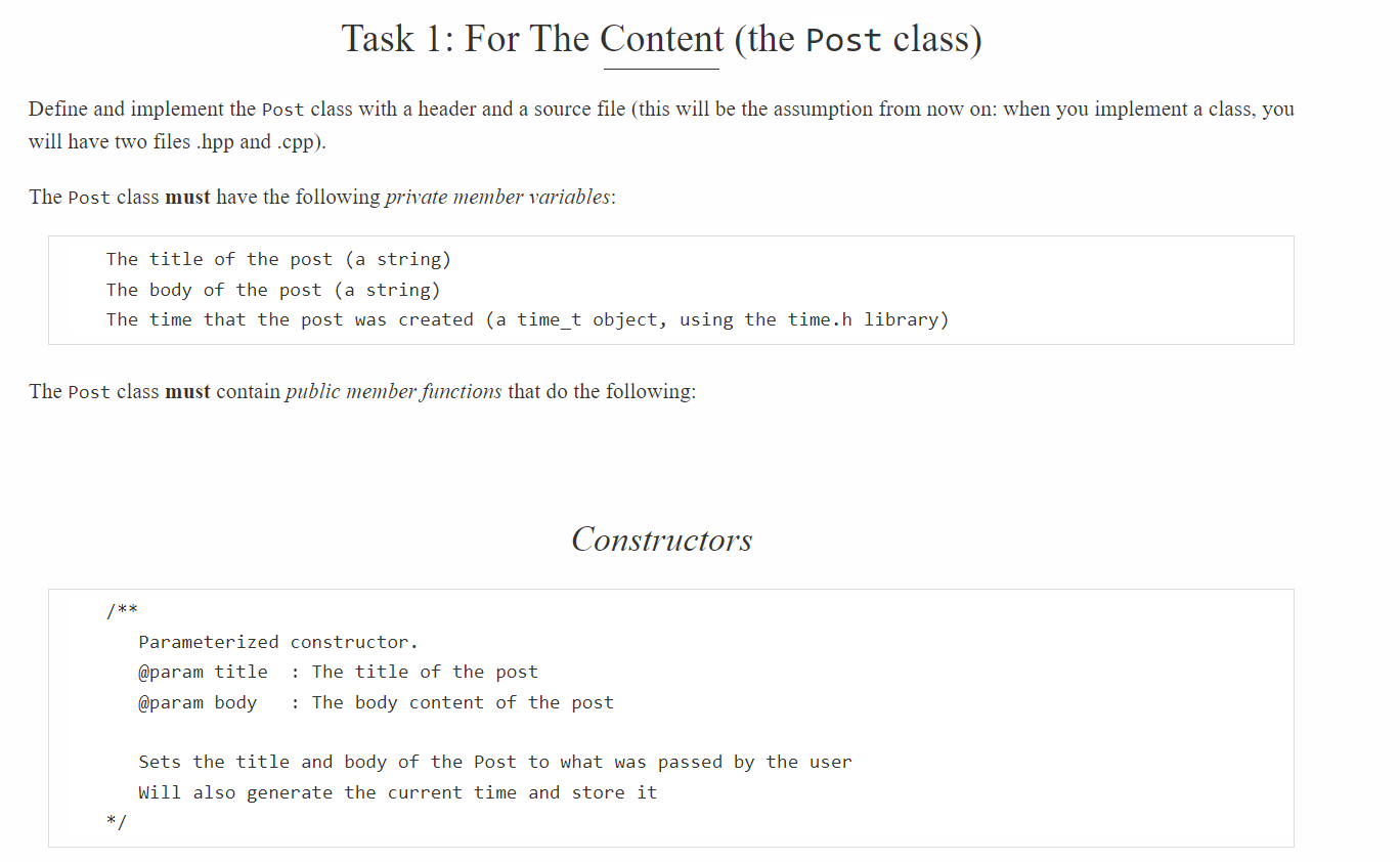 Solved Task 1: For The Content (the Post class) Define and | Chegg.com